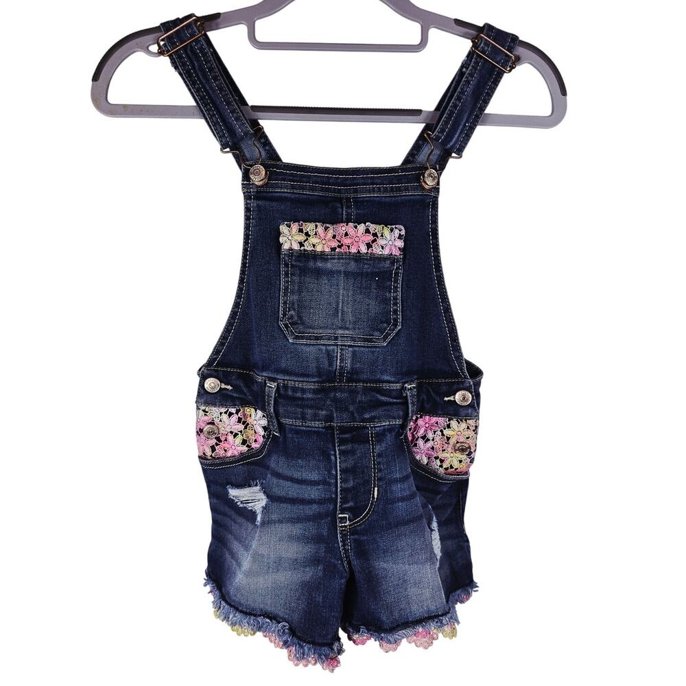 Jordache Denim Frayed Hem Multi Color Floral Lace Accents Overall's 6-6X